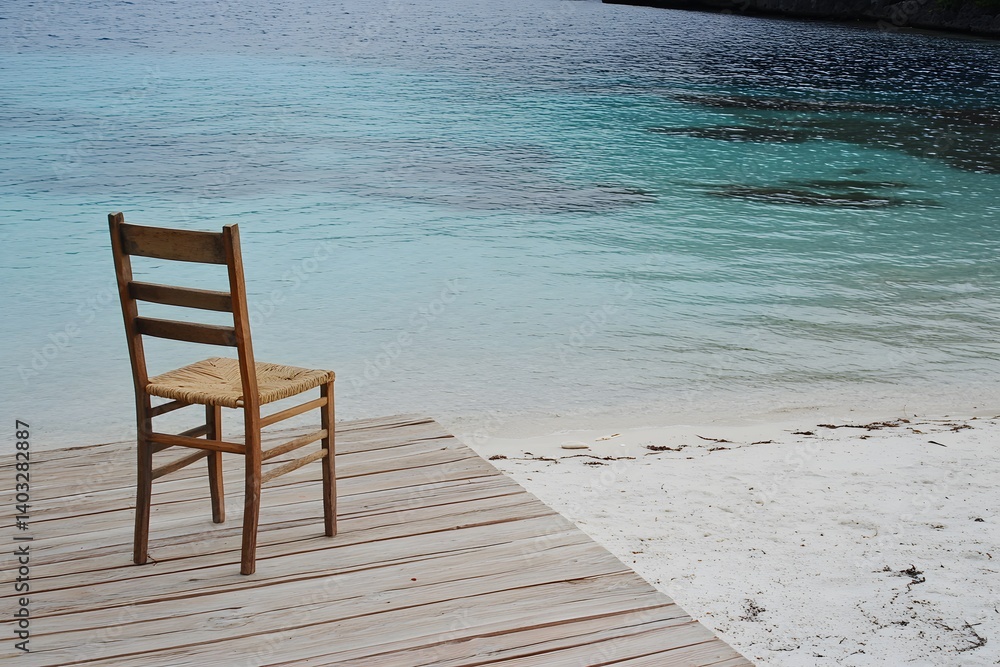 Serene Beach Chair on Wooden Dock, Tranquil Ocean View Serene Beach Chair on Wooden Dock, Tranquil Ocean View