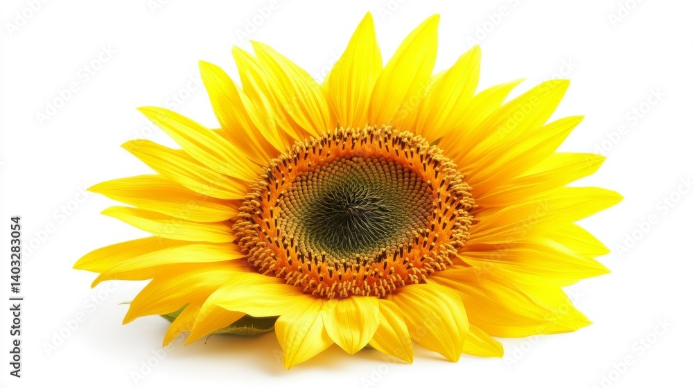 Fototapeta premium Bright single sunflower with vibrant yellow petals and dark brown center isolated on clean white background, showcasing natural beauty, floral symmetry, and botanical elegance in high detail.