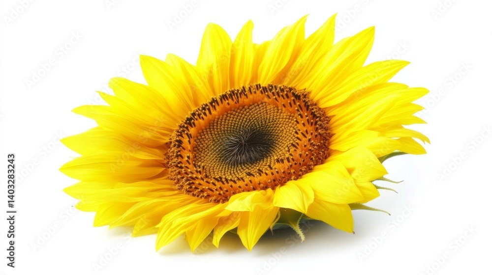 Fototapeta premium Bright single sunflower with vibrant yellow petals and dark brown center isolated on clean white background, showcasing natural beauty, floral symmetry, and botanical elegance in high detail.
