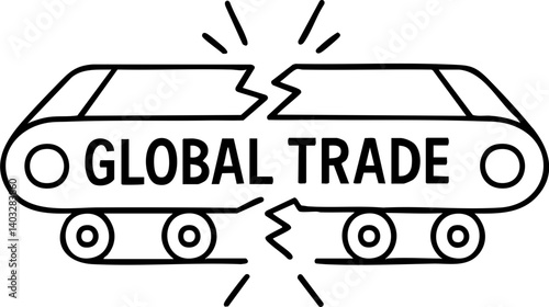 Import Tariffs trade impact concept. Illustration of a broken train with "GLOBAL TRADE" text.
