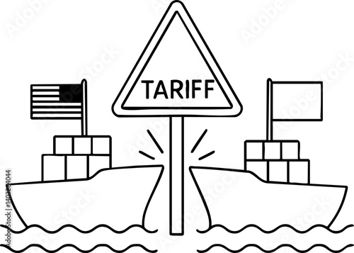 Import Tariffs trade impact concept. Tariff sign between cargo ships representing trade issues.