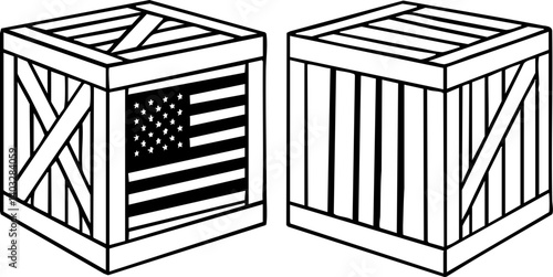 Import Tariffs trade impact concept. Crate design featuring an American flag illustration.