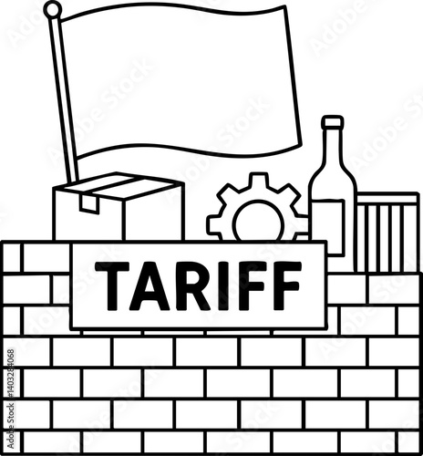 Import Tariffs trade impact concept. Tariff wall with box, flag, gear, and bottle illustration.