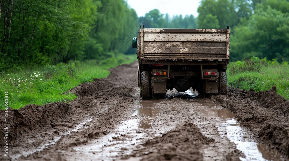 Obraz premium Trailer stuck in muddy rural road, offroad transportation challenge