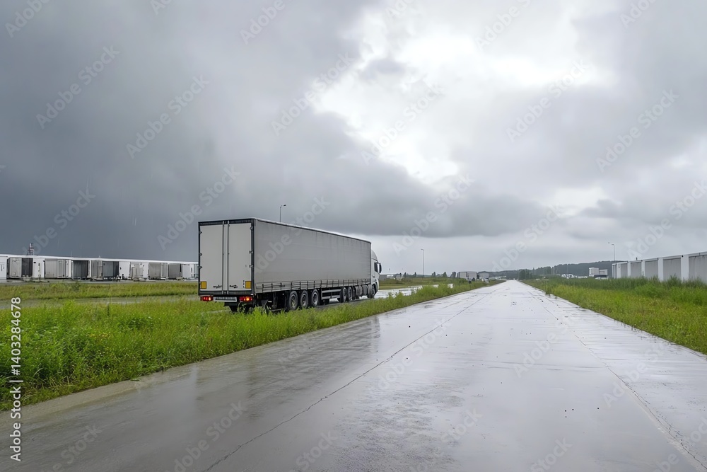 Obraz premium Stormy weather with trailer truck on wet road, tough conditions logistics