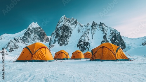 Majestic Mountain Camp: Orange Tents Against a Snowy Peak
