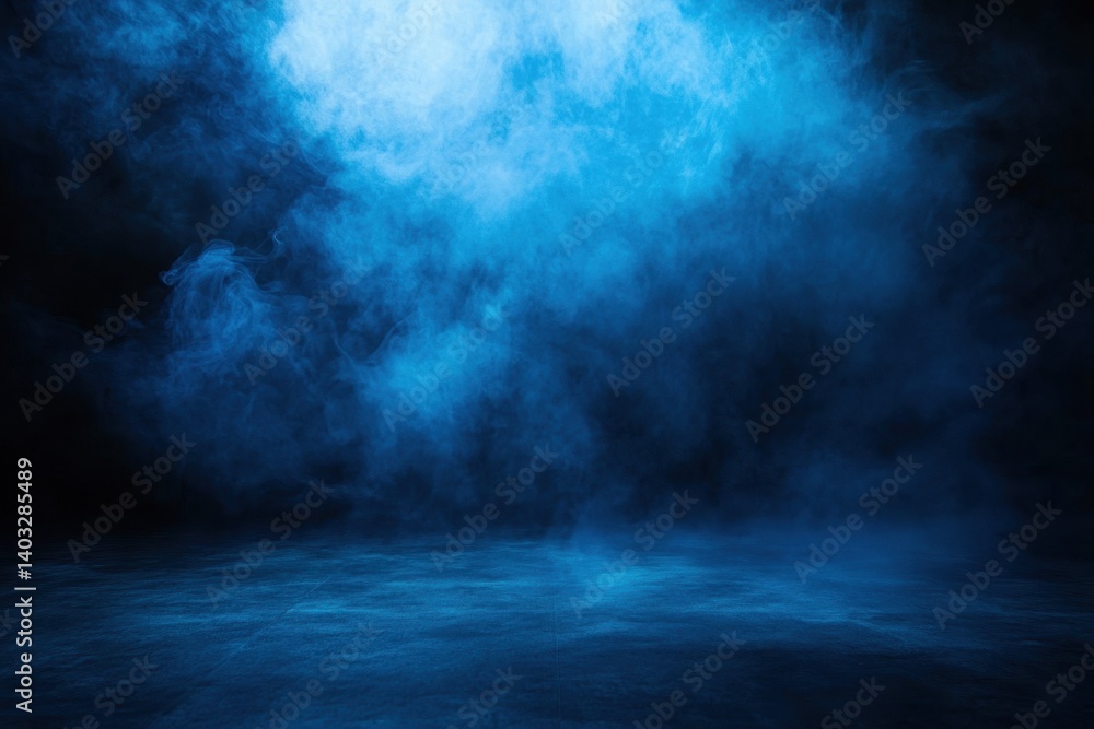Fototapeta premium Blue illuminated fog floating across a dark empty stage