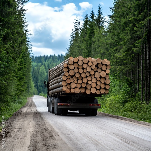 Logging trailer carrying timber through forest road, natural resources transport