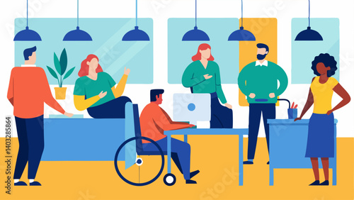 Open Office Space A vibrant open office layout where employees of varying abilities engage with each other with some using wheelchairs while others utilize sign language reflecting