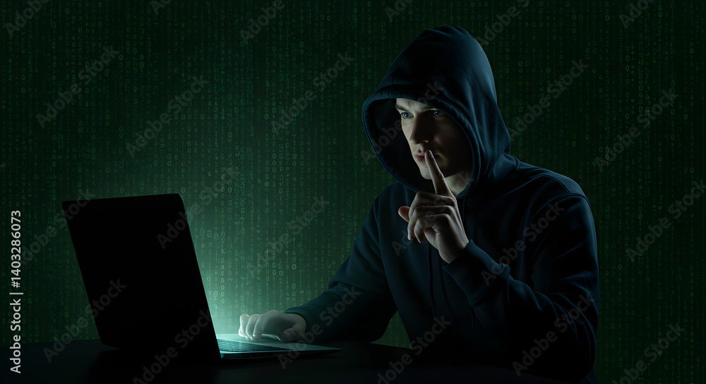 Young Man in Hoodie Hacking on Laptop with Finger on Lips in Dark Green Binary Background Young Man in Hoodie Hacking on Laptop with Finger on Lips in Dark Green Binary Background