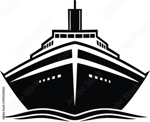 Black and white ship vector illustration. Minimalist frontal view of a geometric vessel. Stylized angular ship with wave details.