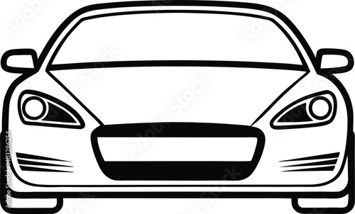 Minimalist front-view car line art. Black and white automotive illustration. Modern sedan line drawing.