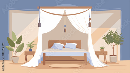 A serene bedroom with a canopy bed draped in white curtains complemented by a woven wall hanging and a few potted plants.