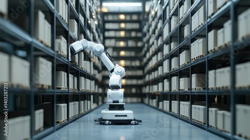 White robotic arm, manipulator is lifting a package from a shelf full of cardboard boxes in a large warehouse. The robot is working autonomously in a fully automated storage facility.