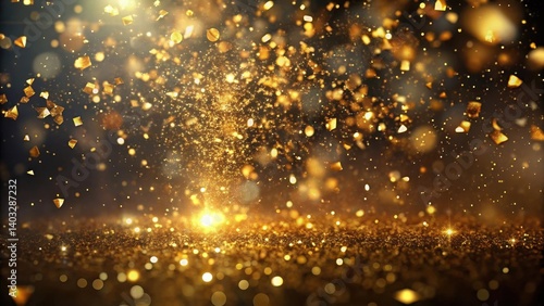 Muted gold flakes suspended in a dark space with a soft glow, creating an otherworldly ambiance, shimmering particles, glowing clouds