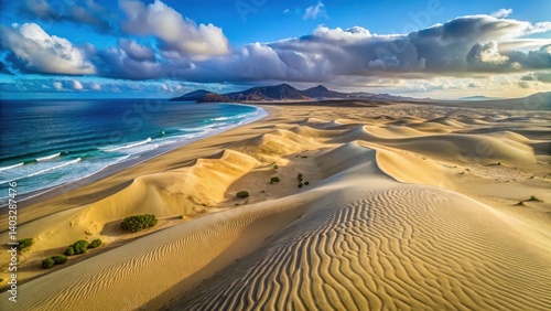 Fototapeta Naklejka Na Ścianę i Meble -  Aerial drone view of sand dunes in Corralejo National Park, park, wilderness ,  park, wilderness