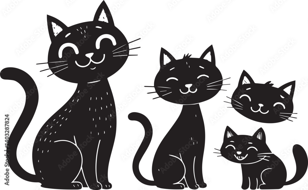 Fototapeta premium International Cat day, National cat day clip art, line art, silhouette art, Image, illustration, using solid black color and white background