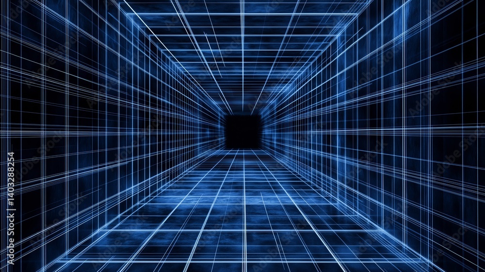 Obraz premium Symmetrical dark blue grid lines form an empty, futuristic cyberpunk VR space against a black background
