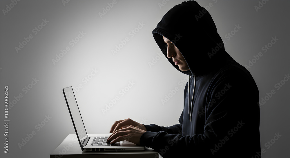 Silhouette of Person in Hoodie Typing on Laptop with White Background Silhouette of Person in Hoodie Typing on Laptop with White Background
