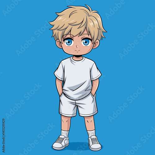 Cheerful Chibi Boy in White Outfit Against Blue Background