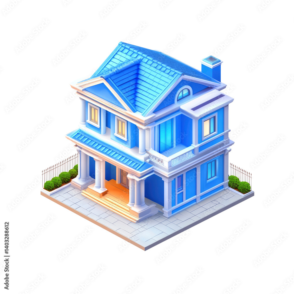 Isometric View of a Luxurious Blue House with White Columns and Fence Isometric View of a Luxurious Blue House with White Columns and Fence