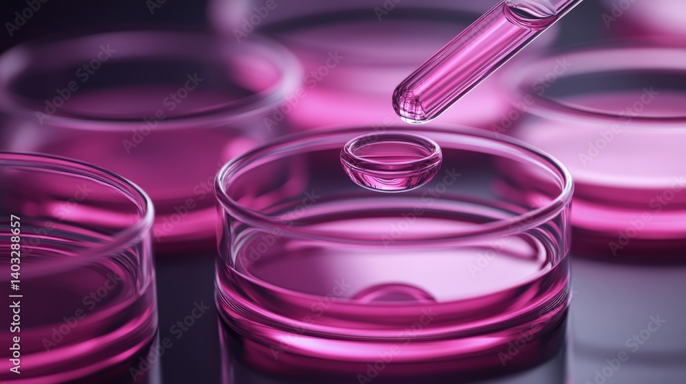 Close-up of a pipette dropping a liquid into a petri dish with vibrant pink background Close-up of a pipette dropping a liquid into a petri dish with vibrant pink background