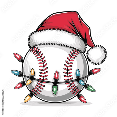 Festive Baseball Decorated with Christmas Lights and Santa Hat
