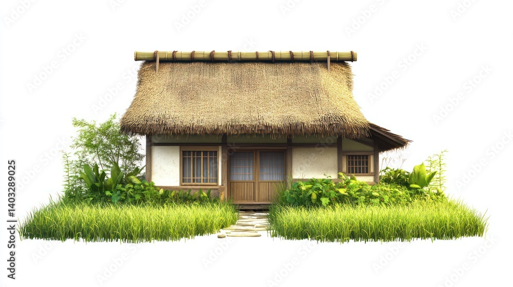 Asian thatched-roof house on rice paddy, isolated, digital illustration Asian thatched-roof house on rice paddy, isolated, digital illustration