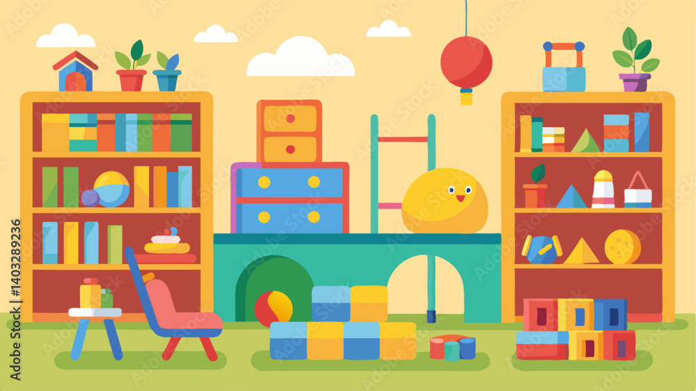 In the kids play area brightly colored toys and books are neatly organized on shelves. This allows parents to work out while their children play in a safe and supervised