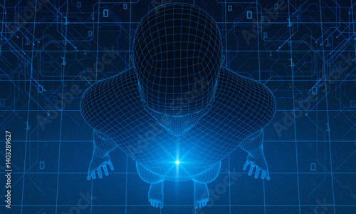 Network forming AI human face. Technology and robotics concept. Anonymous social masking. Cyber crime and security vector. Human body low poly wireframe. Concept: AI, digital technology, cyberpunk