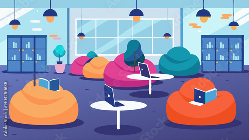 Cozy bean bag chairs are tered throughout the lounge providing students with a relaxed and comfortable seating option.