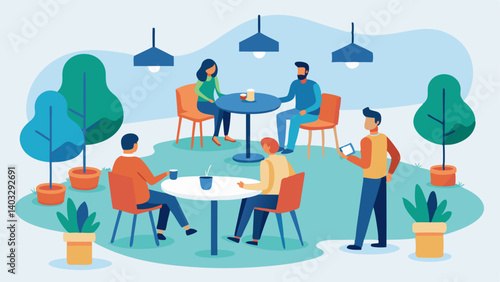 A small area with tables and chairs for community members to gather and chat before and after the meeting.