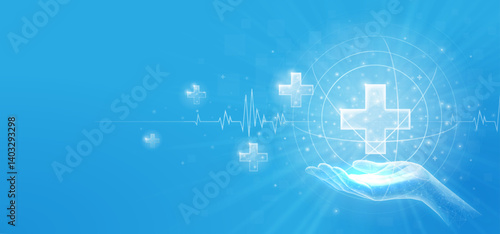 Hand holding a medical cross icon. Abstract background, hospital treatment, digital doctor.
