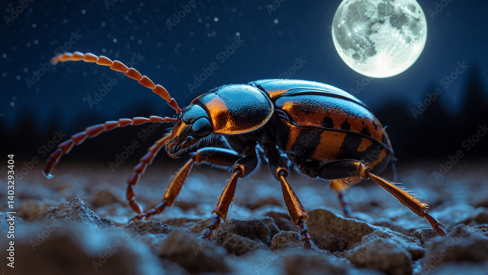 Naklejka premium Beetle Walking At Night Underneath The Moon With Stars Glowing