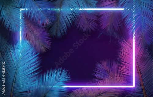 Wallpaper Mural Palm Leaves and Glowing Neon Frame Background with Retro Aesthetic Torontodigital.ca