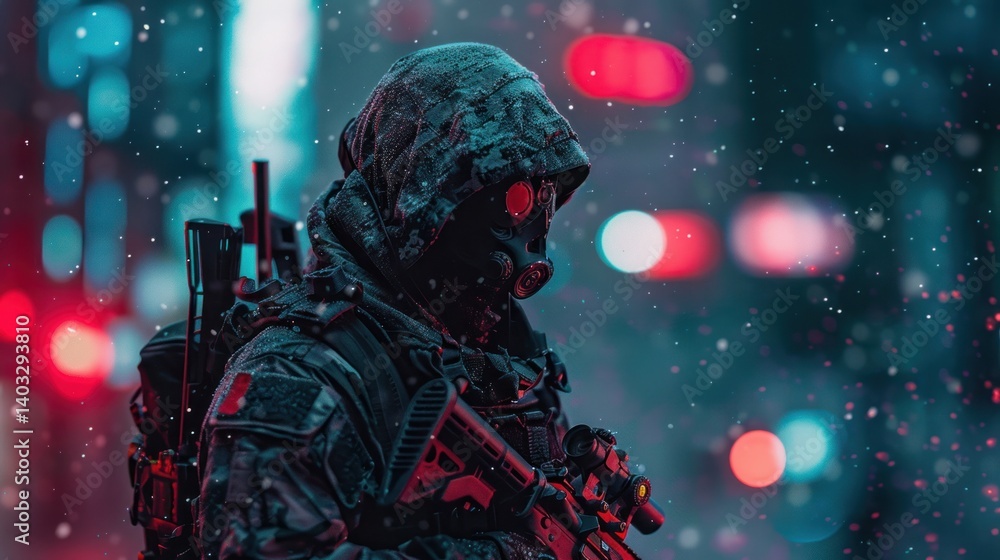 Mysterious military cyborg man cyber in spooky black hoodie. AI generated image Mysterious military cyborg man cyber in spooky black hoodie. AI generated image