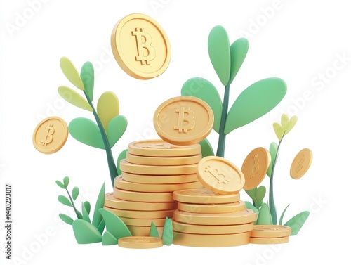 Bitcoin coins stacked in a growing environment.  A pastel illustration shows stacks of golden coins featuring the Bitcoin symbol, surrounded by stylized green plants.  