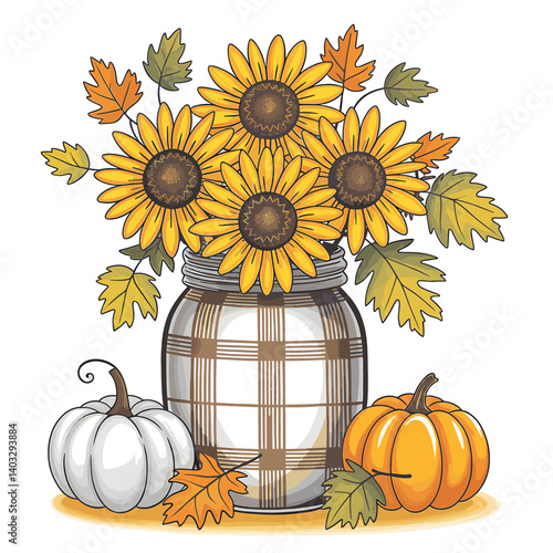 Vibrant Sunflowers and Pumpkins in Autumn Arrangement
