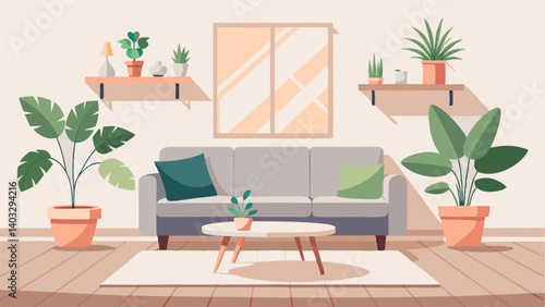 A sundrenched living room with white walls and light wood floors a collection of potted plants and a simple grey sofa.