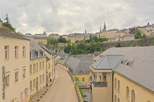 Obraz na plátne High angle view on the city of Luxembourg, from the tower of the abbey on a clou