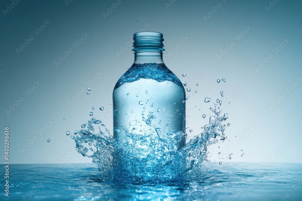 Water splash from a bottle captures the essence of freshness in a calming setting Water splash from a bottle captures the essence of freshness in a calming setting