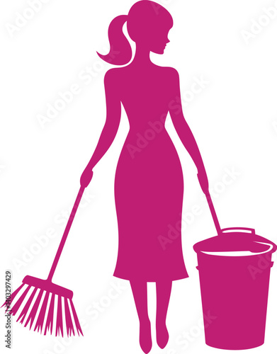 Pink Cleaning Lady Vector Illustration – Silhouette of Woman with Broom and Bucket for Housekeeping Graphics