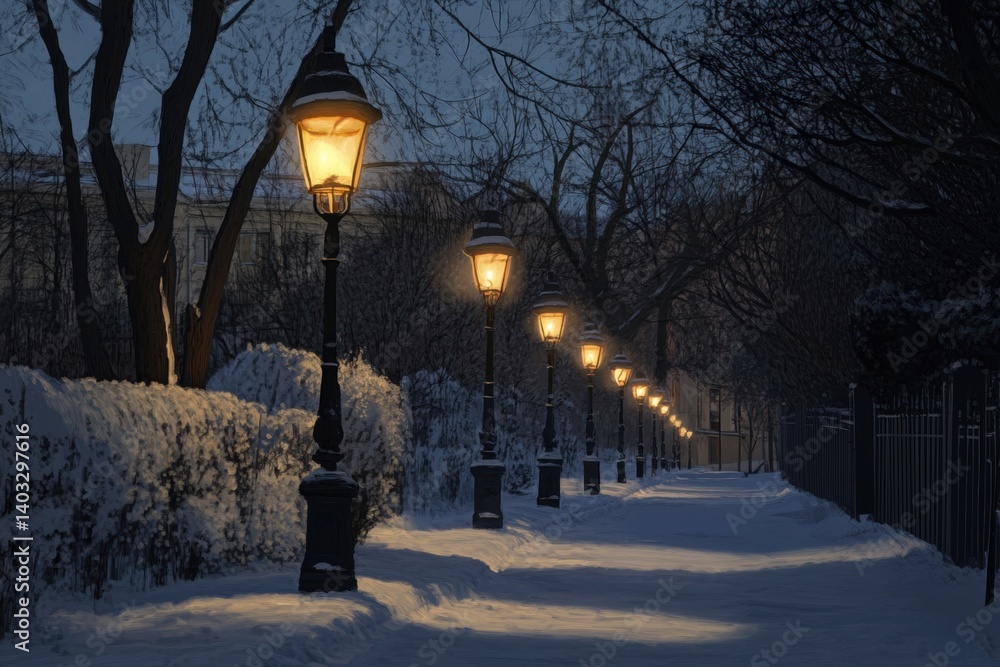 Winter evening path illuminated by gas lamps. Winter evening path illuminated by gas lamps.