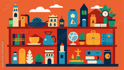 A wall lined with shelves of eclectic trinkets and souvenirs from travels around the world.