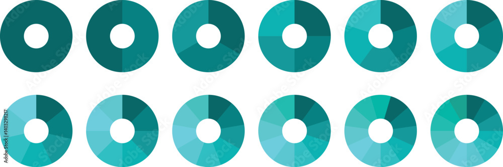 Pie chart set, segmented circle icons, circle diagram. Pie chart divided 1,2,3,4,5,6 equal parts. Color pizza or donut round diagram. Infographic wheel segment or sections parts. Vector illustration Pie chart set, segmented circle icons, circle diagram. Pie chart divided 1,2,3,4,5,6 equal parts. Color pizza or donut round diagram. Infographic wheel segment or sections parts. Vector illustration