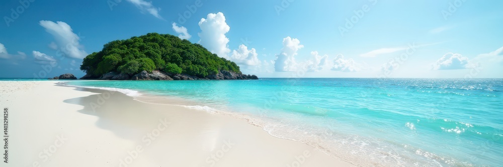White sand beach, distant green island silhouette, sunset, shore, silhouette White sand beach, distant green island silhouette, sunset, shore, silhouette
