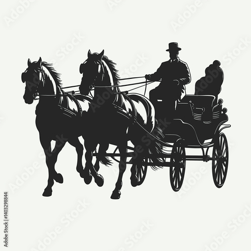 Silhouette of Galloping Horses Pulling Carriage