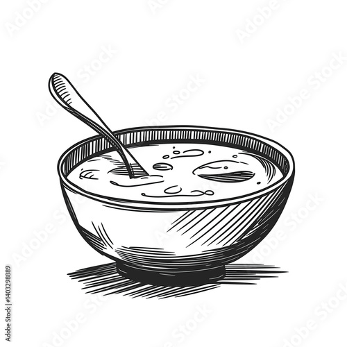 Black and White Bowl of Soup with Spoon Detail