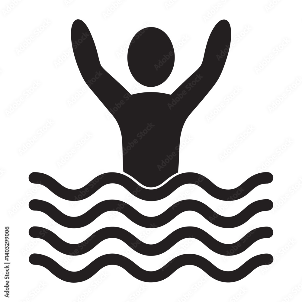Fototapeta premium Drowning Person Water Distress Symbol, People Drowning for Help Icon Vector, A minimalist design showing a hand reaching out of water, symbolizing help, vector illustration