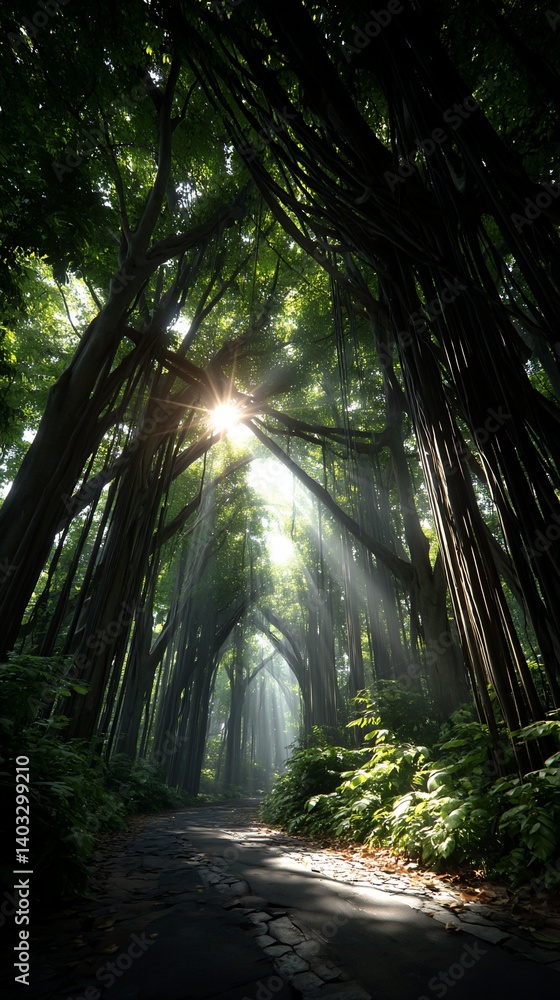 Obraz premium Sunbeams pierce a mystical tree-lined path